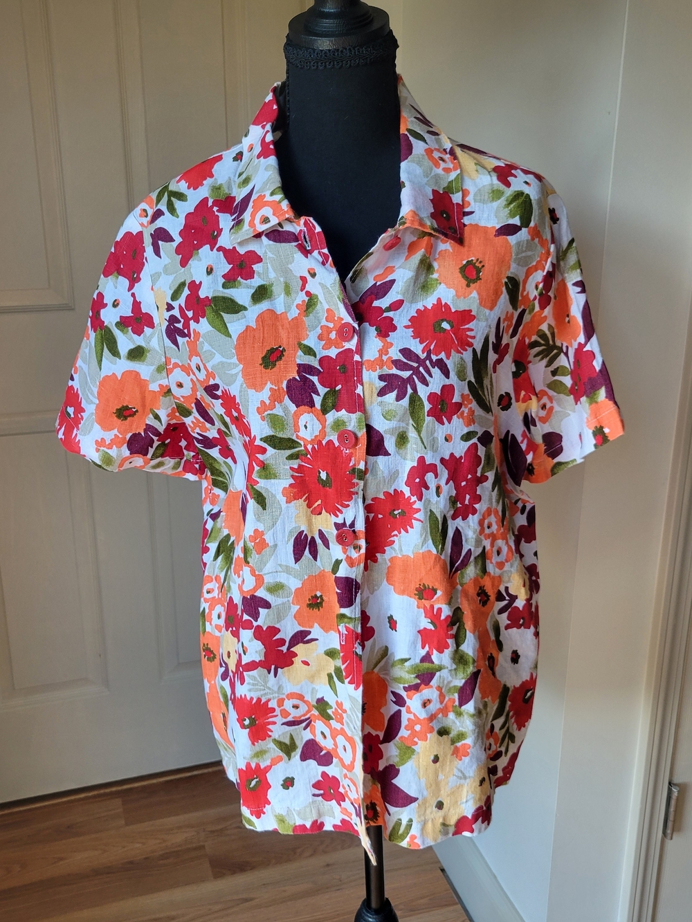 Hot Cotton Vintage Linen Floral Button Down Blouse Top Size M